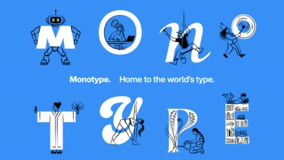Monotype letters with playful cartoon images on each letter. Text: "Monotype. Home to the world's type." Blue background.